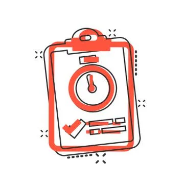 Document witch clock icon in comic style. Checklist survey cartoon vector ill Stock Illustration