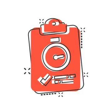 Document witch clock icon in comic style. Checklist survey cartoon vector ill Stockillustratie