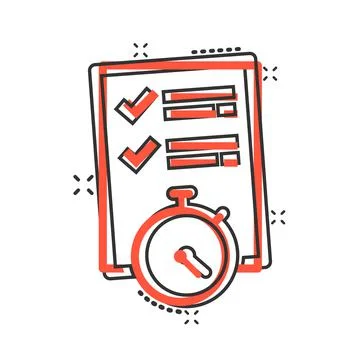 Document witch clock icon in comic style. Checklist survey cartoon vector ill Ilustración de archivo