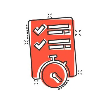 Document witch clock icon in comic style. Checklist survey cartoon vector ill Illustrazione stock