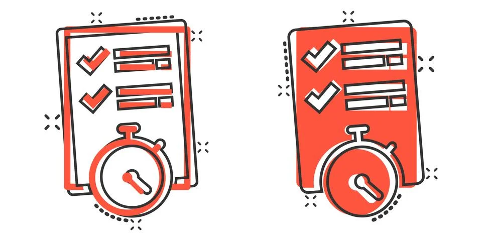 Document witch clock icon in comic style. Checklist survey cartoon vector ill Illustrazione stock