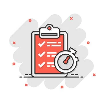 Document witch clock icon in comic style. Checklist survey cartoon vector ill Stock Illustration