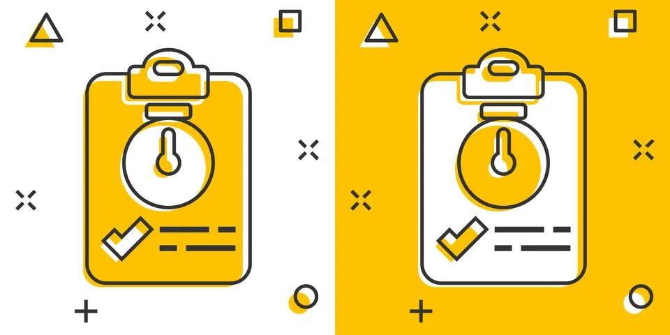 Document witch clock icon in comic style. Checklist survey cartoon vector ill Illustrazione stock