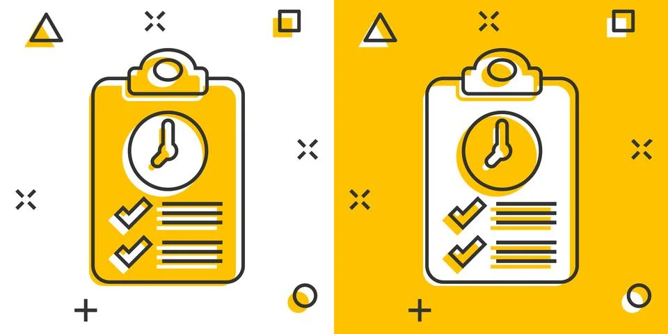 Document witch clock icon in comic style. Checklist survey cartoon vector ill Stockillustratie