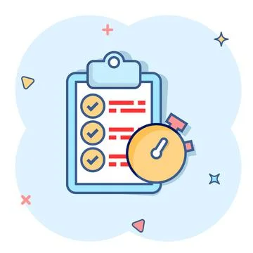 Document witch clock icon in comic style. Checklist survey cartoon vector ill Stock Illustration