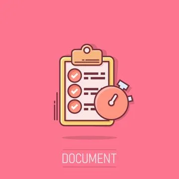 Document witch clock icon in comic style. Checklist survey cartoon vector i.. Stockillustratie