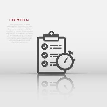 Document witch clock icon in flat style. Checklist survey vector illustrati.. Stock Illustration