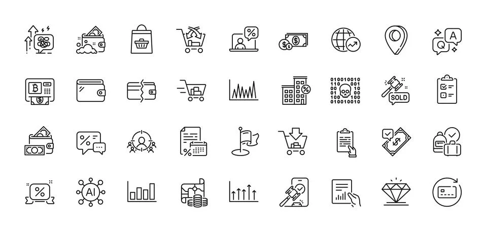 Document, World statistics and Cross sell line icons pack. For web app. Line Illustrazione stock