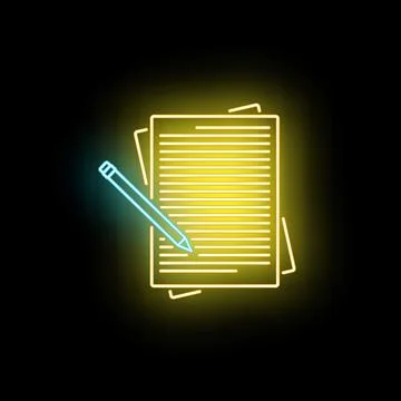 Document writing glowing neon sign on black background Illustrazione stock
