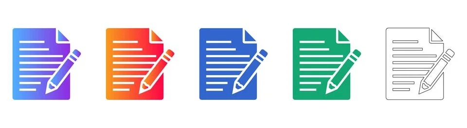 Document Writing Icon Set with Pencil and Paper Stock Illustration