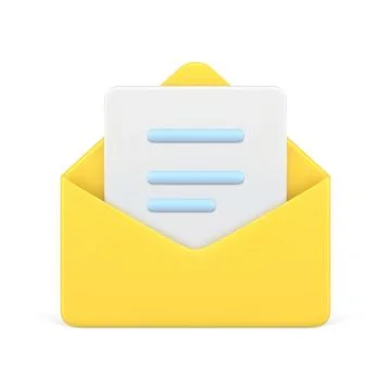 Document in yellow 3d envelope. White volumetric sheet of paper with blue tex Stock Illustration