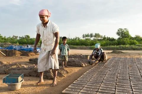 Documentary  hand made bricks in India Stock Photos
