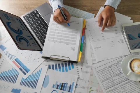 Documentation database Businessman working signing contract working on laptop Stock Photos
