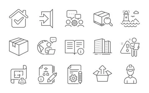 Documentation, Lighthouse and Send box icons set. Algorithm, Technical info and Stock Illustration