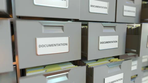 DOCUMENTATION text on the drawers of a file cabinet, looping 3d animation Stock Footage 150338380