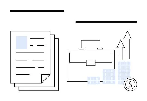 Documents alongside a briefcase, stacked coins, and upward arrows. Ideal for  Stock Illustration