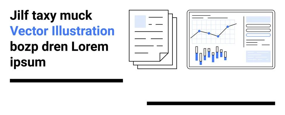 Documents and a data dashboard with graphs. Ideal for business analysis, fina Stock Illustration