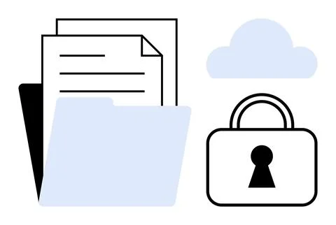 Documents and folder icon next to a cloud and padlock image. Ideal for data s Stock Illustration