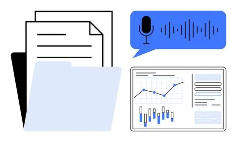Documents and folder, speech bubble with microphone and sound waves, and data Stock Illustration