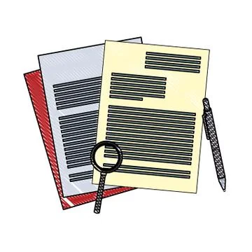Documents and magnifying glass with pen scribble イラスト素材