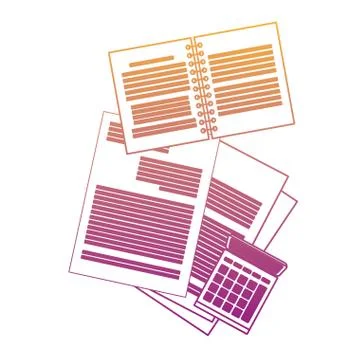 Documents and notebook with calculator rainbow lines Stock Illustration