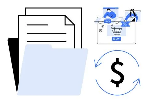 Documents and open file folder beside an ecommerce scene with shopping cart a Stock Illustration