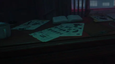 Documents and tools on a desk in a dimly lit room at night Stock Footage 344969704