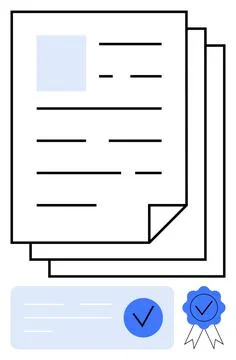 Documents with Approval Checkmarks and Certification Ribbon Emphasizing Ver.. Illustrazione stock