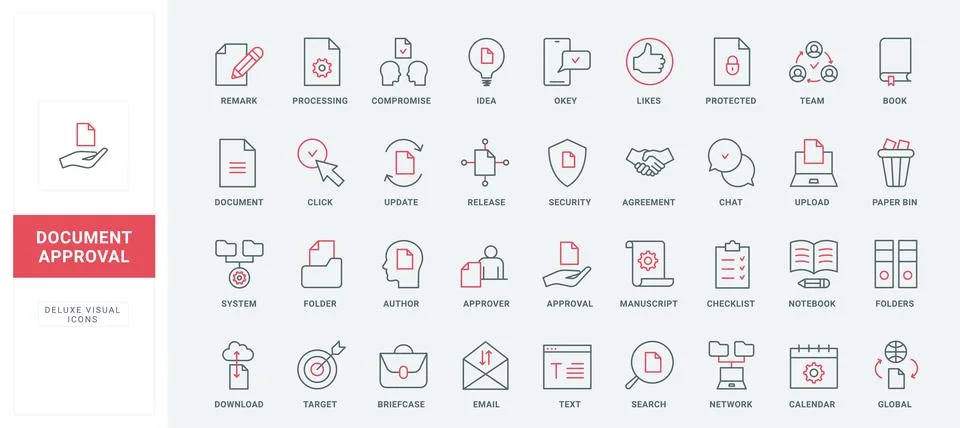 Documents approval line icons set, system stamps to release, update and approve Illustrazione stock