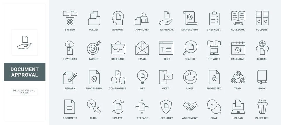 Documents approval line icons set, system stamps to release, update and approve Illustrazione stock