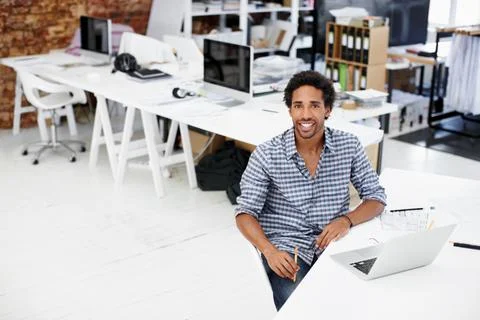 Documents, architect and laptop in office portrait for design revision, dra.. Stock Photos