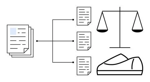 Documents being sorted into categories are shown with a connection to a legal Illustrazione stock