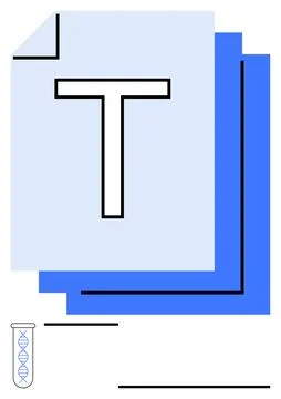 Documents with bold T, test tube with DNA helix, and geometric lines in a str イラスト素材