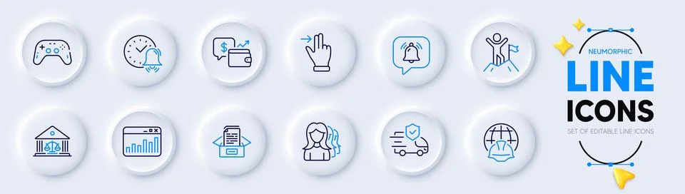 Documents box, Notification bubble and Alarm bell line icons for web app Stock Illustration