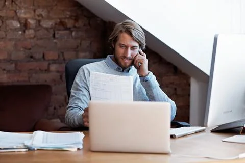 Documents, call and businessman in home office for contact, negotiation and Stock Photos