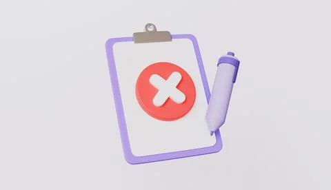 Documents canceled and clipboard with check mark and cross mark 3d rendering Stock Illustration