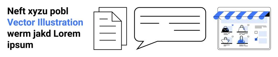Documents, chat bubble, and online store interface with blue accents suggesti Stock Illustration
