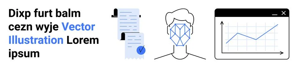 Documents with check mark, abstract face with polygonal pattern, and growth c Stock Illustration