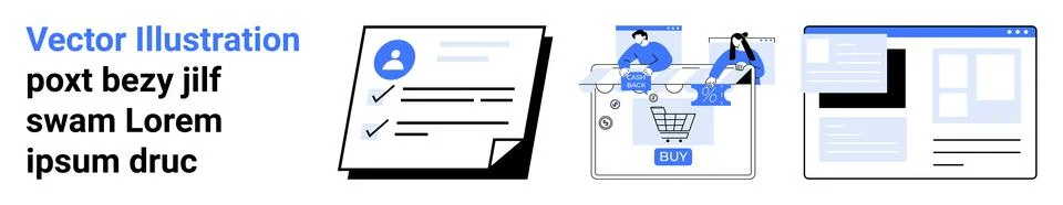 Documents with checklist, two people interacting on laptop and digital shoppi Stock Illustration