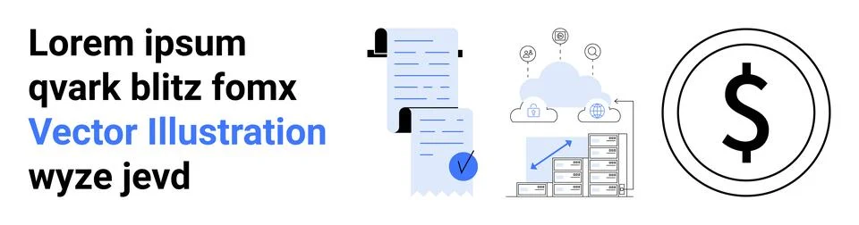 Documents with a checkmark, cloud storage with gears and graphs, and a dollar Stockillustratie