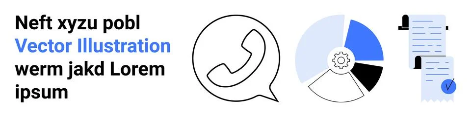 Documents with checkmark, pie chart with gear symbol, phone call icon. Ideal  Stock Illustration