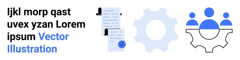 Documents with checkmarks, gear, and a group icon representing team collabora Stock Illustration