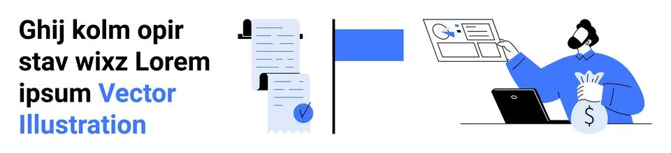 Documents with checkmarks, a graph, user interface, and person holding a mone Stock Illustration