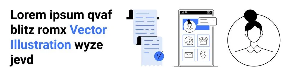 Documents with checkmarks, mobile interface screen with user profile and app  Illustrazione stock