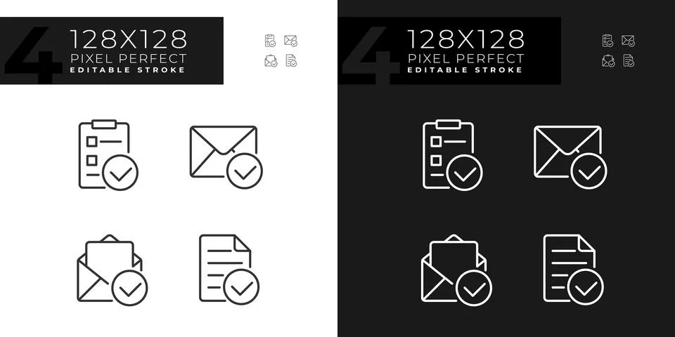Documents with checkmarks pixel perfect linear icons set for dark, light mode 스톡 일러스트