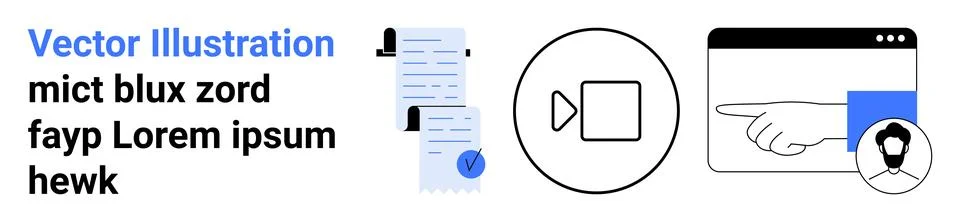 Documents with checkmarks, a play button in a circle, a finger pointer clicki Stock Illustration
