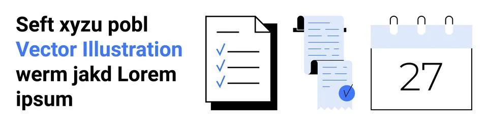 Documents with checkmarks, sticky notes, and a calendar date. Ideal for produ Stock Illustration