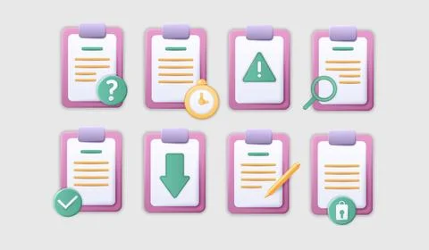 Documents clipboard 3d icons. Update or add error. Computer lock script for Stock Illustration