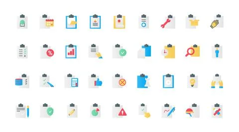 Documents on clipboards flat icons set, task list and medical form, approved Stock Illustration