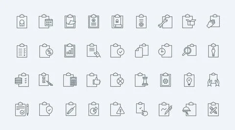 Documents on clipboards thin line icons set, task list and medical form Stock Illustration